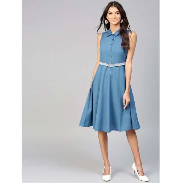 Sassafras Women Blue Solid Shirt Dress