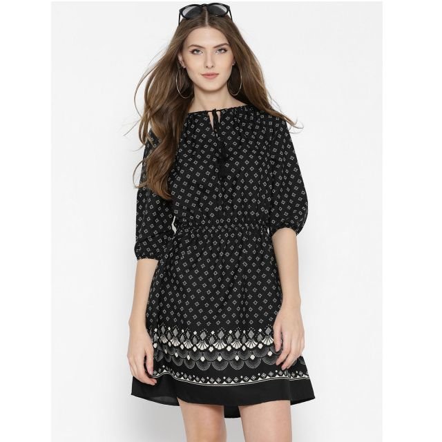 Sera Women Black Printed Fit & Flare Dress