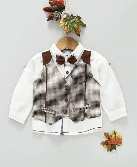 ZY & UP Full Sleeves Shirt With Checked Mock Waistcoat & Bow