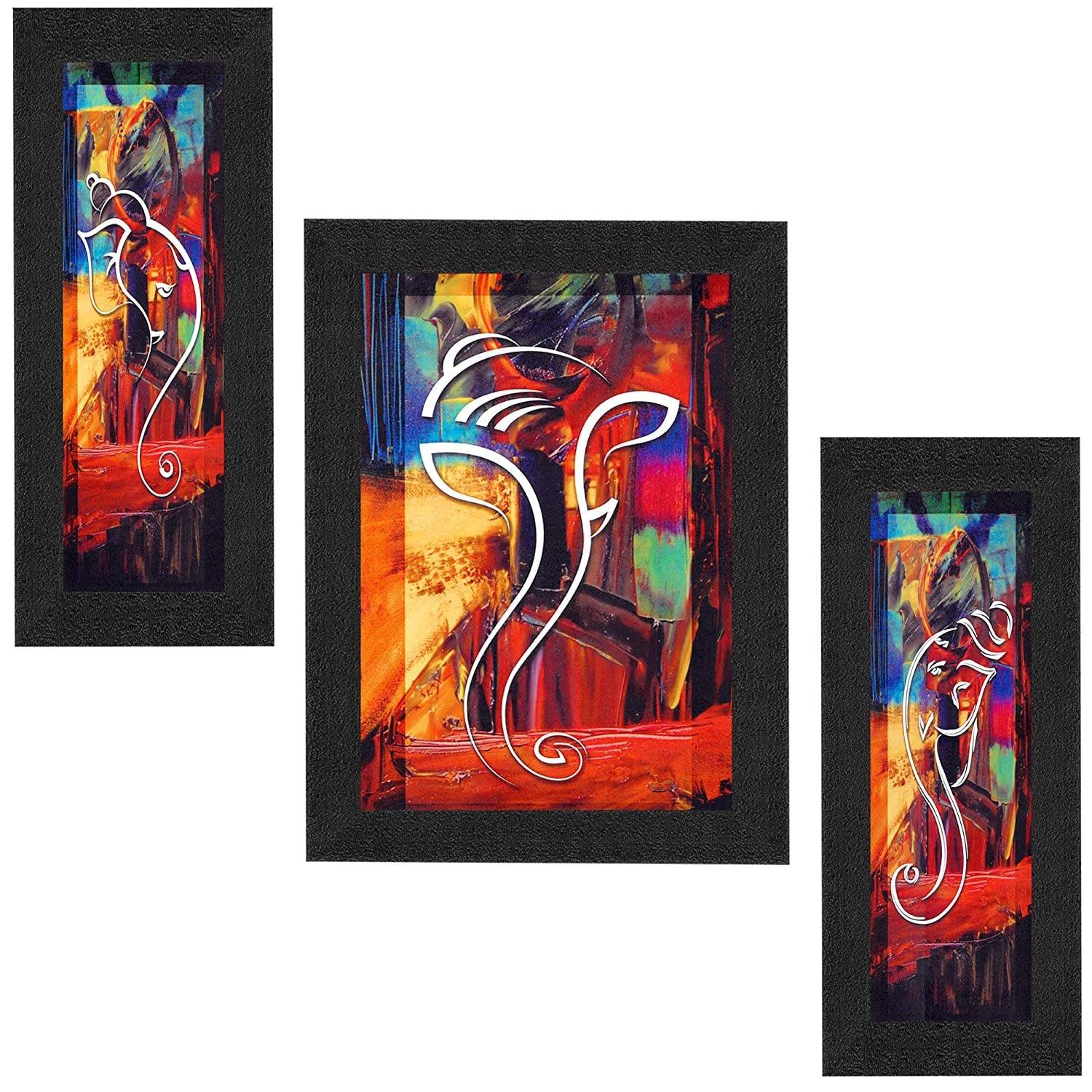 lord Ganesha Framed Painting Modern Art Wood, Set of 3