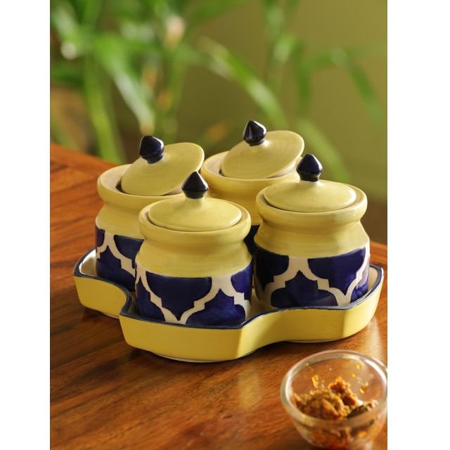 Set of 4 Pickled-Coupled Handpainted Ceramic Pickle & Chutney Jars