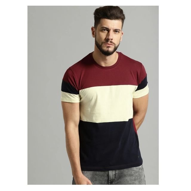 Roadster Maroon & Cream Colour Blocked T-shirt