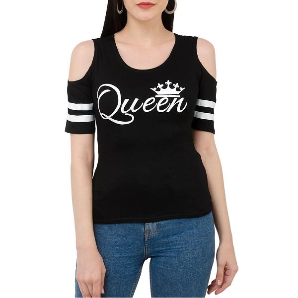 Buynewtrend Varsity Striped Cold Shoulder Tee