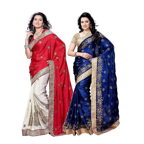 Embroidered Faux Crepe Saree & Blouse Piece