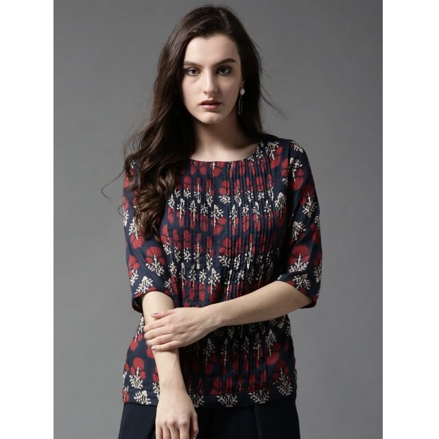 HERE&NOW Women Navy Blue & Red Printed Beautiful Top