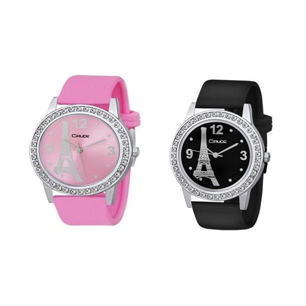 Crude Multicolour Leather Analog Watch Pack of 2