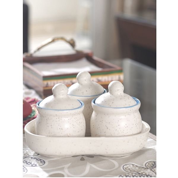 VarEesha Off-White Ceramic Pickle Jars With Tray