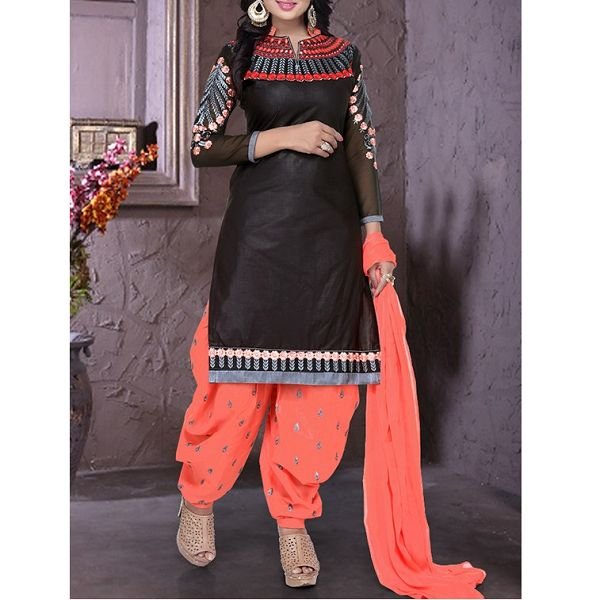 Vastra Export Black Embroidered Unstitched Churidaar Suit