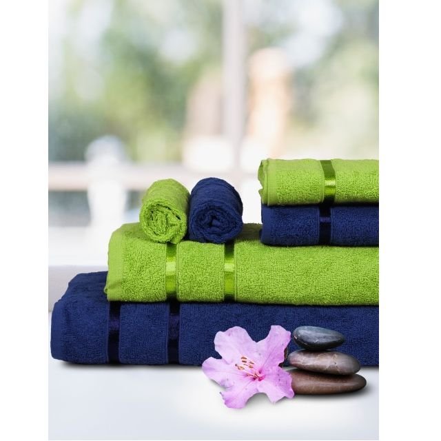 Set of 6 Navy Blue & Green 450 GSM Face Towels