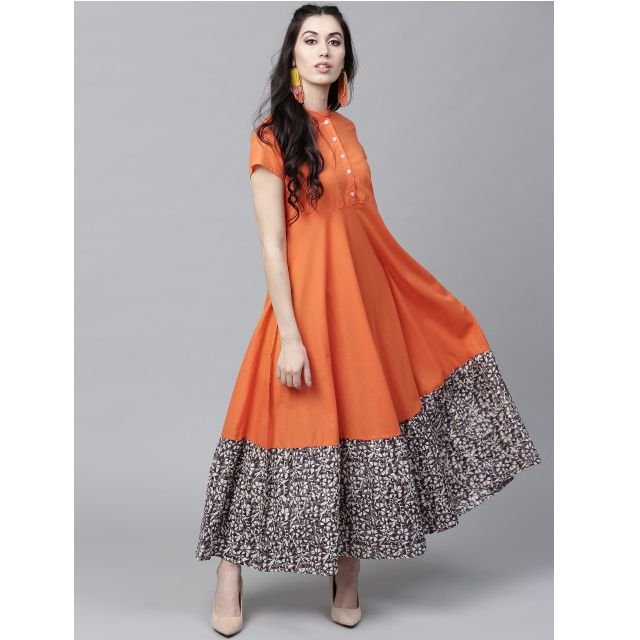 AKS Women Orange Printed Detail Maxi Dress