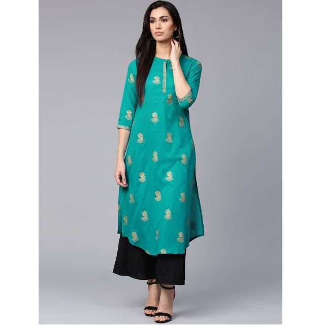 Rain & Rainbow Women Teal Green Printed A-Line Kurta