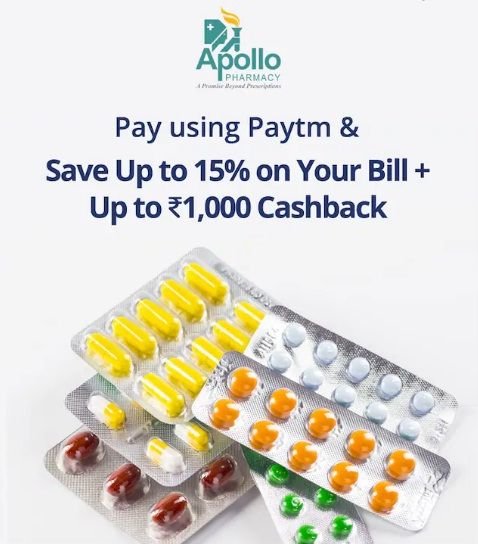 Save Upto 15% on Bill + Upto Rs.1000 Cashback Via Paytm at Apollo Pharmacy