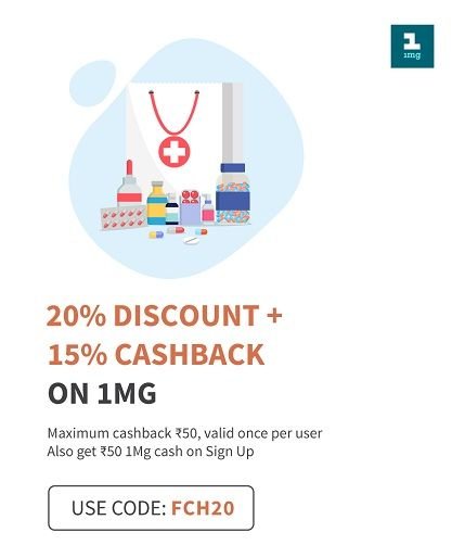 Get 20% Discount + 15% Cashback On 1mg Via Freecharge