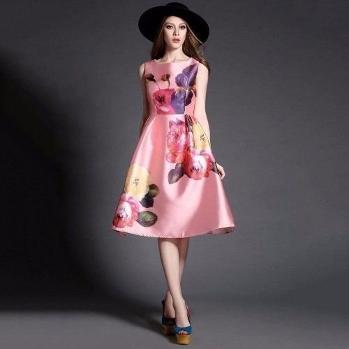 Shopaholics World Satin Pink Floral Print Skater Dress