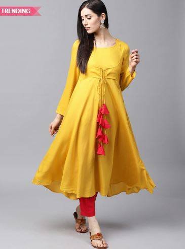 AKS Women Mustard Yellow Solid Layered Anarkali Kurta