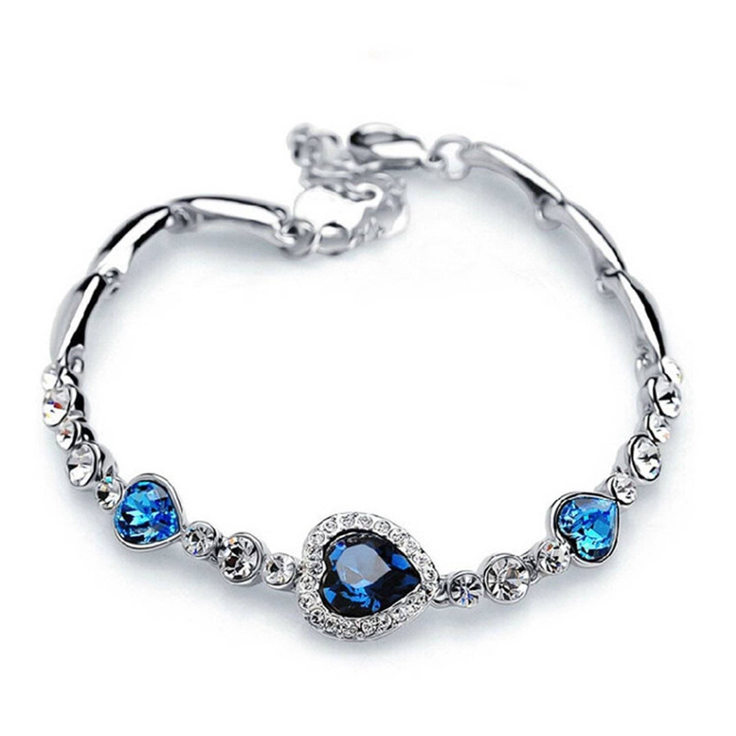 Brass Crystal Stone Love Hear Bracelet (Blue, White)