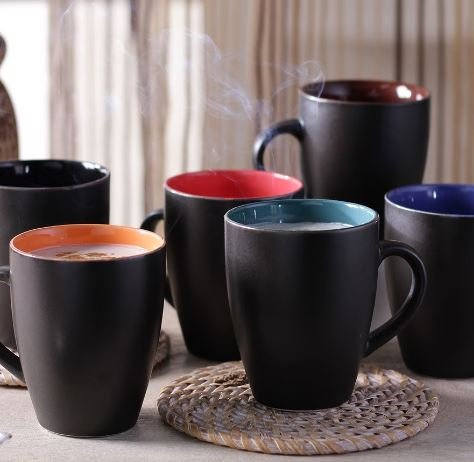 Stoneware Black Matt Finish Coffee Mugs - Set of 6