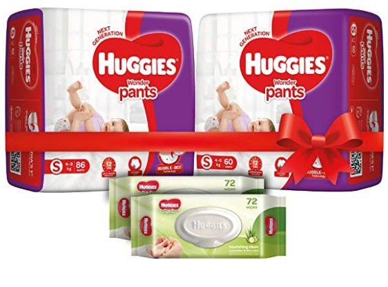 Combo Pack : Huggies Diapers (146 Count) + Huggies Baby Wipes & Pack of 2 (144 Wipes)