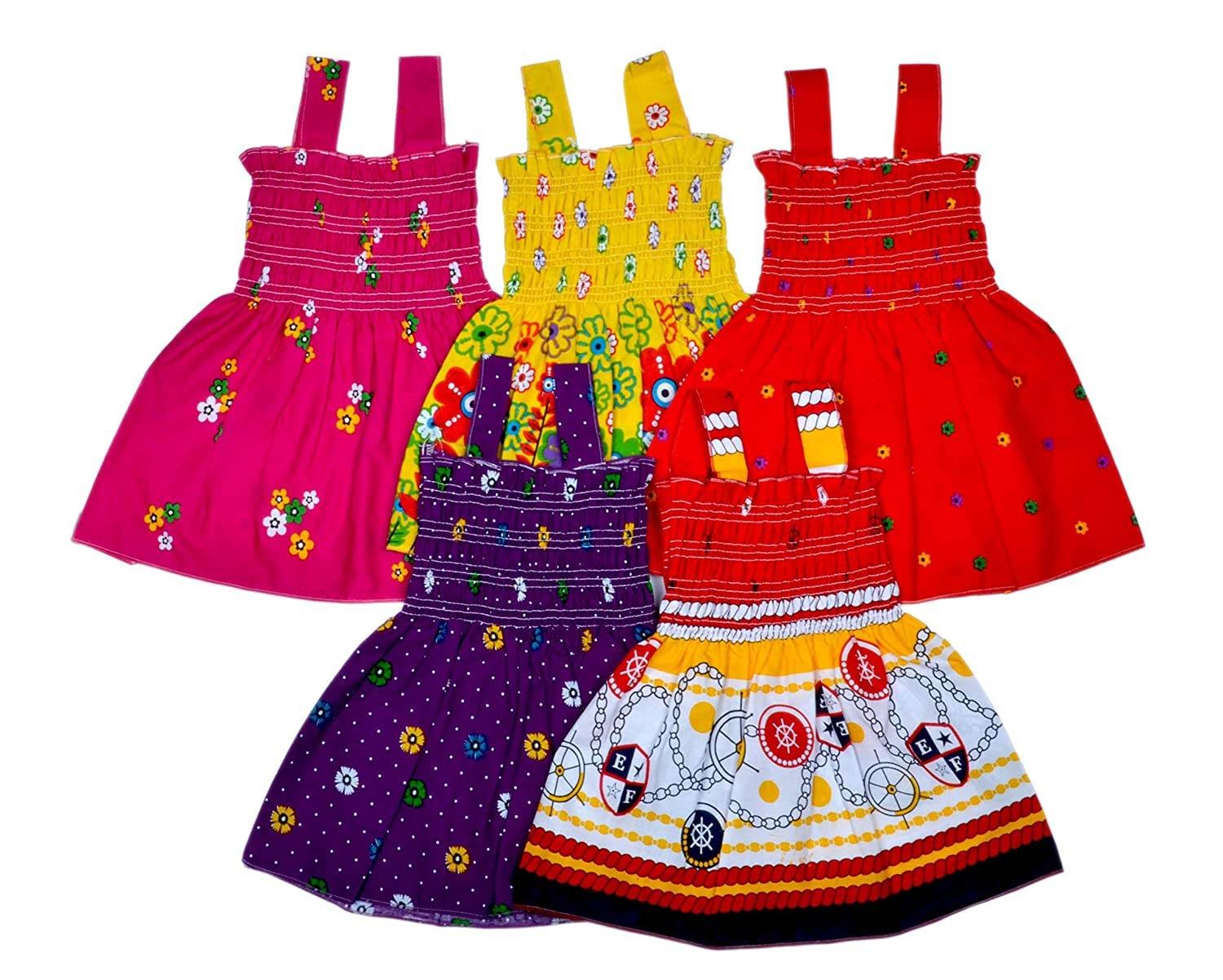 Sathiyas Baby Girls Cotton Gathered Dresses (Set of 5)