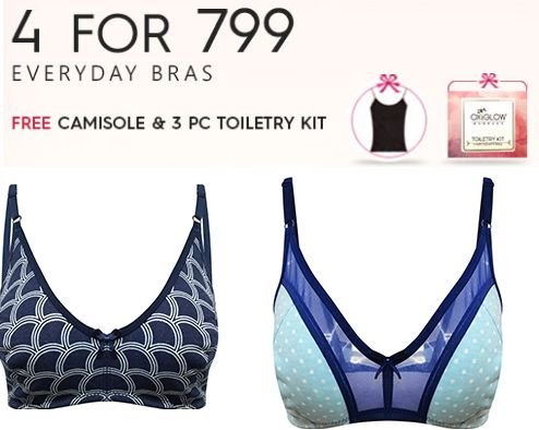 Clovia - Buy 4 Bra @ Rs. 799 + FREE Camisole & 3 Pc Travel Kit