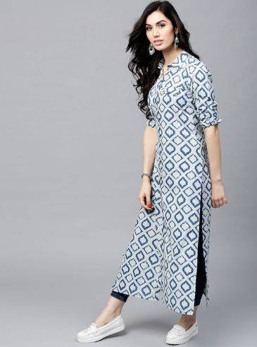 AKS Women Navy & Off-White Printed Straight Kurta